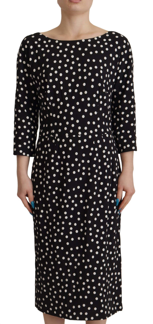 Black White Polka Dots Sheath Midi Viscose Dress