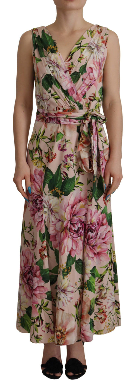 Pink Silk Floral Stretch Shift Wrap Dress