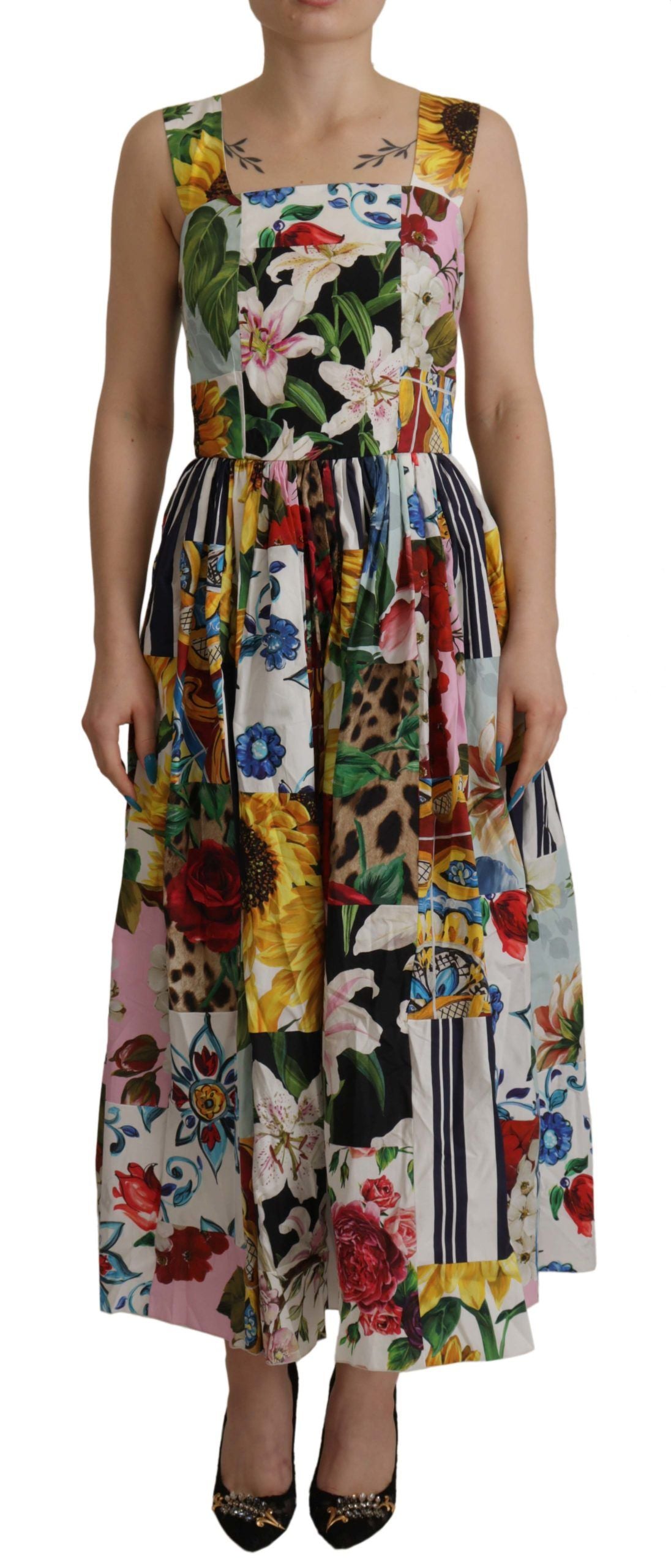 Multicolor Floral A-line Midi Cotton Dress