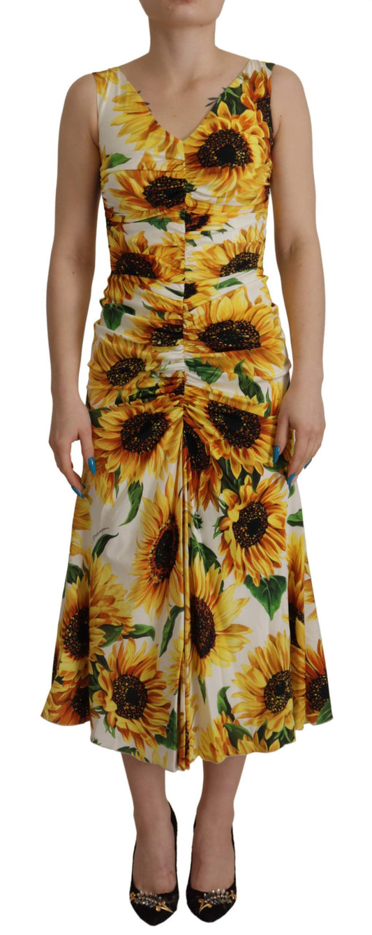 White Sunflower Print Sheath Midi Silk