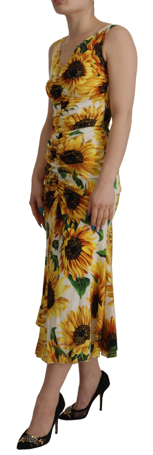 White Sunflower Print Sheath Midi Silk