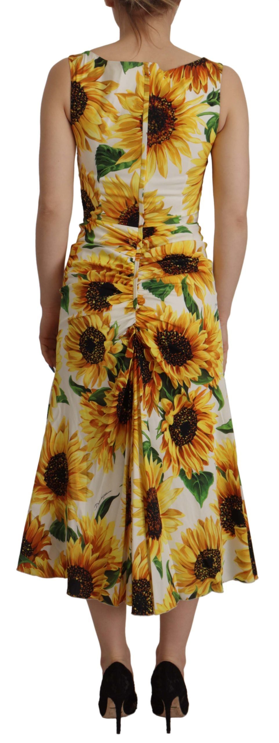 White Sunflower Print Sheath Midi Silk