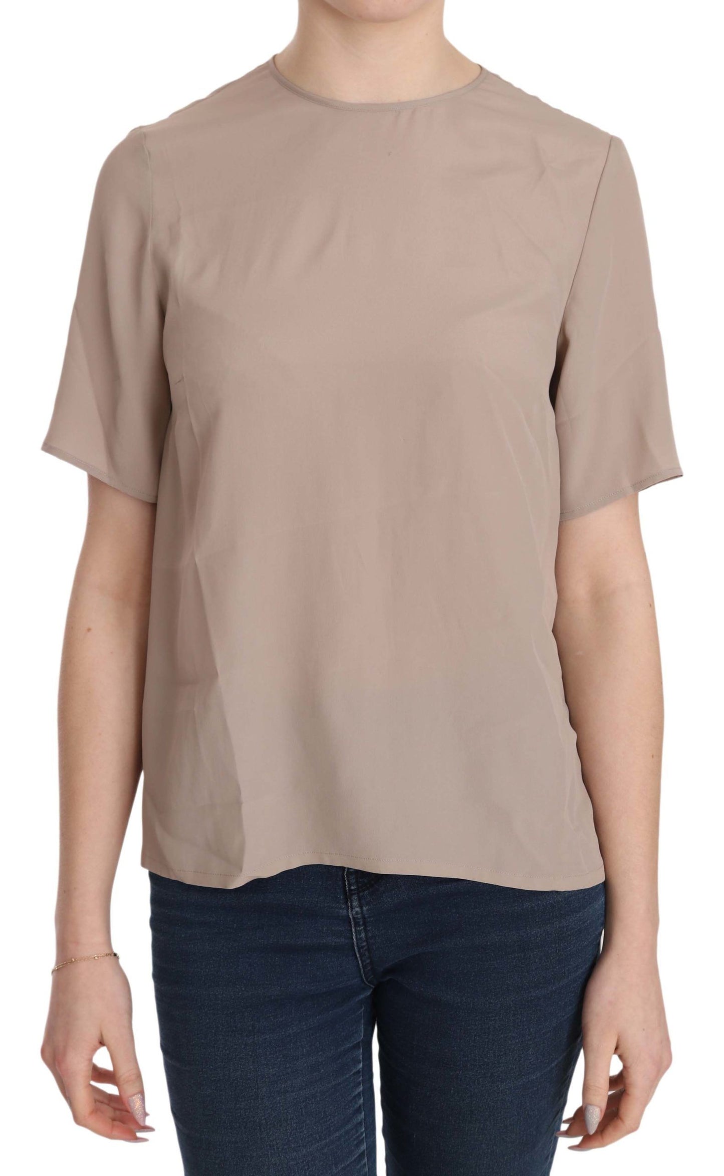 Beige Crew Neck Short Sleeve Blouse