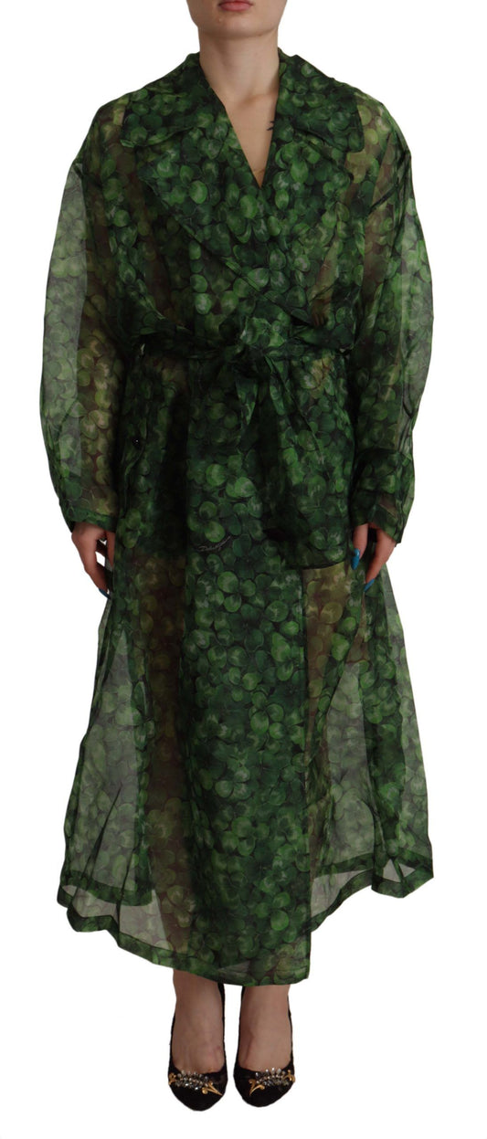 Green, black Coat Jacket Four Leaf Clover Print Organza Trench Dress