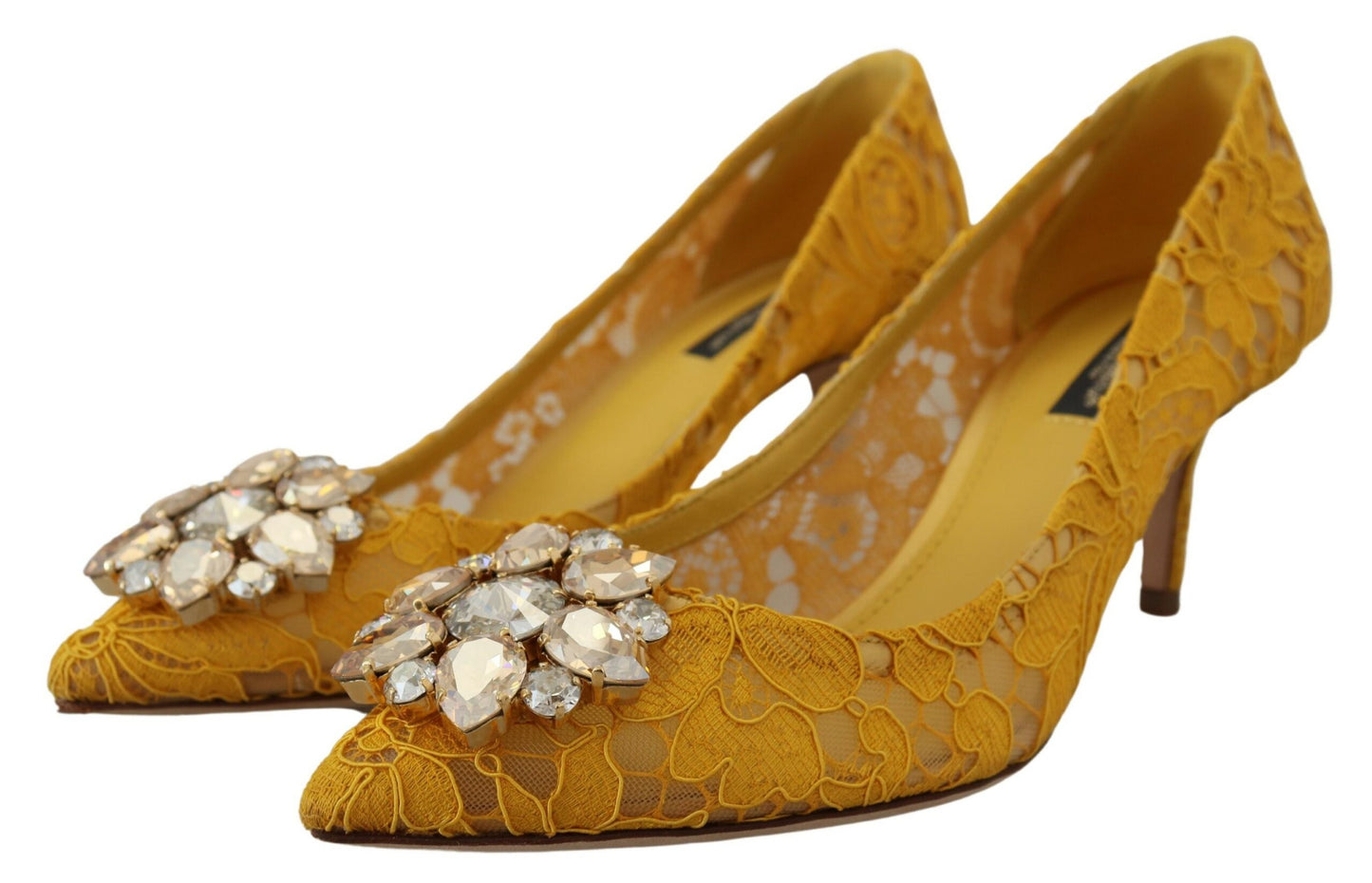 Yellow Taormina Lace Crystal Heels Pumps Shoes