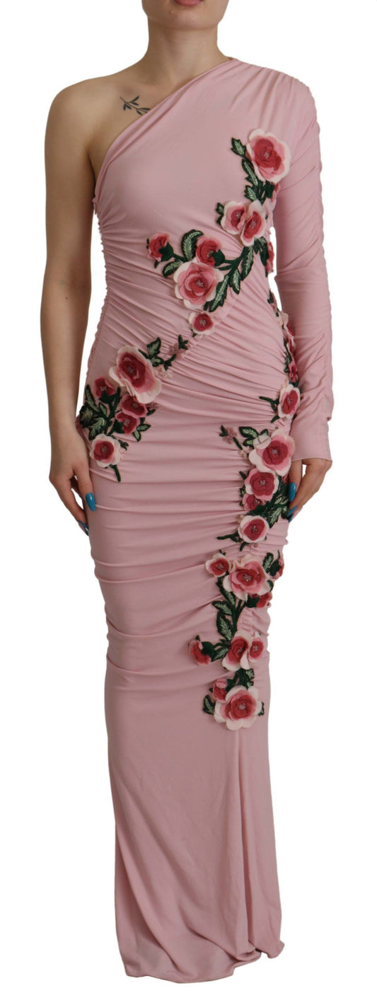 Pink Flower Embellished One Shoulder Dress