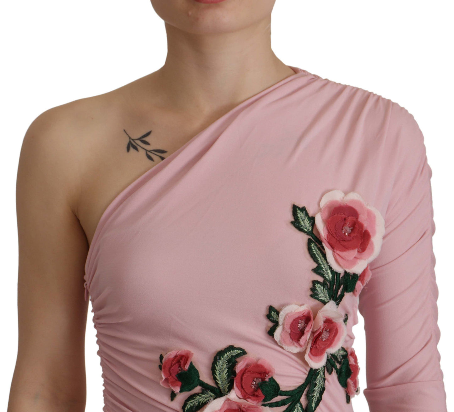 Pink Flower Embellished One Shoulder Dress