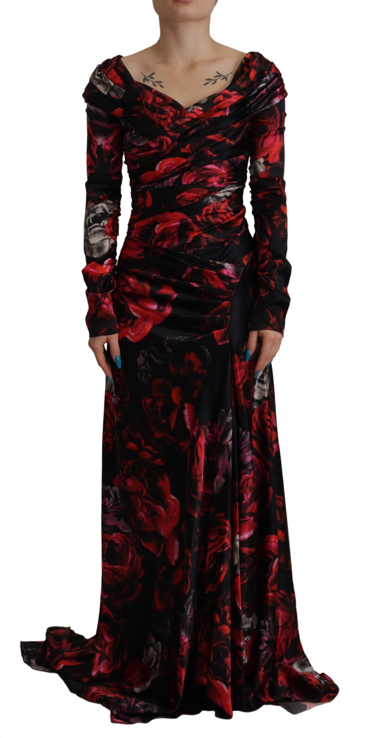 Black Floral Roses A-Line Sheath Gown Dress