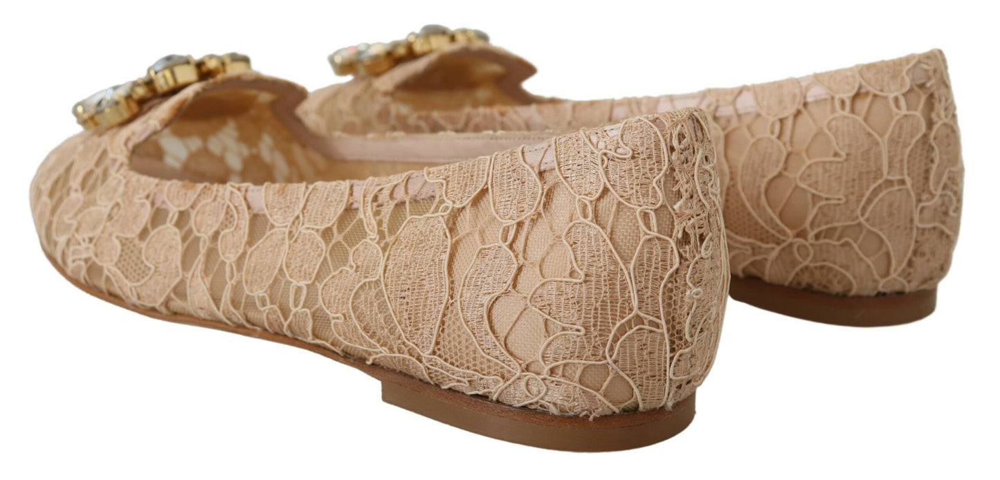 Beige Taormina Lace Crystals Ballet Flats Shoes