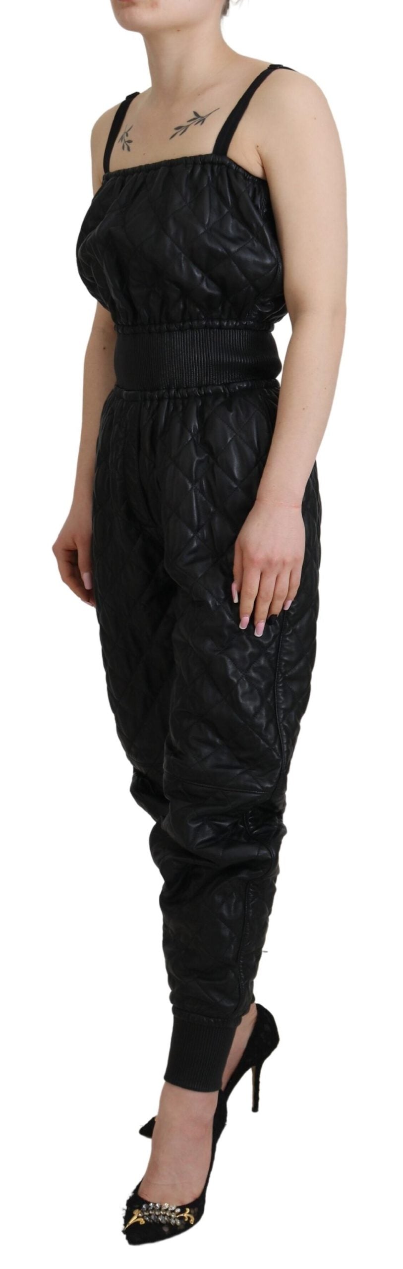 Black Leather Quilted Jumpsuit Dress