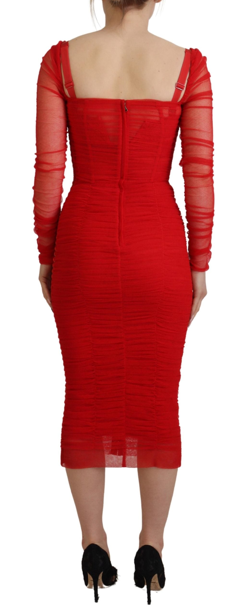 Red Mesh Trim Bodycon Sheath Midi Dress