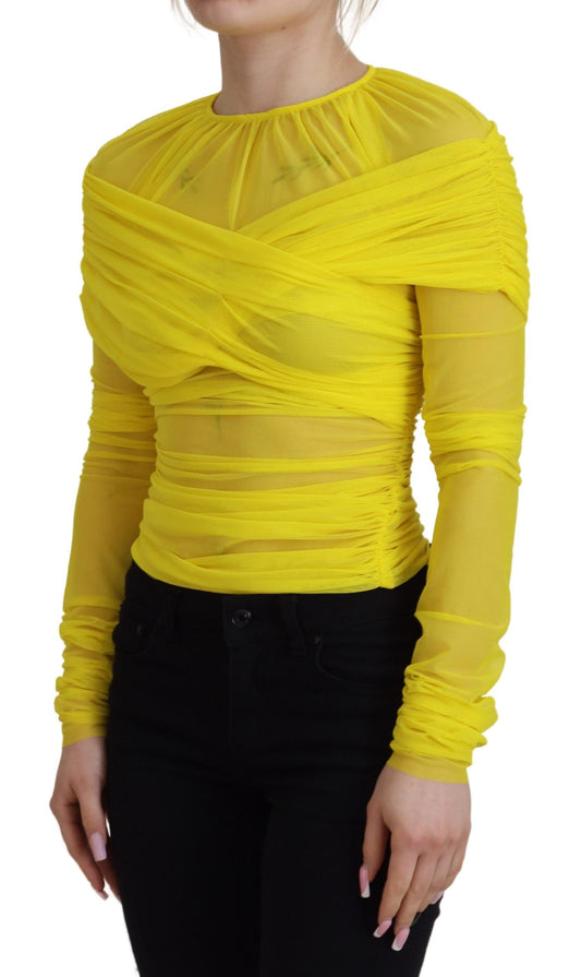 Yellow Mesh Long Sleeves Nylon Blouse Top