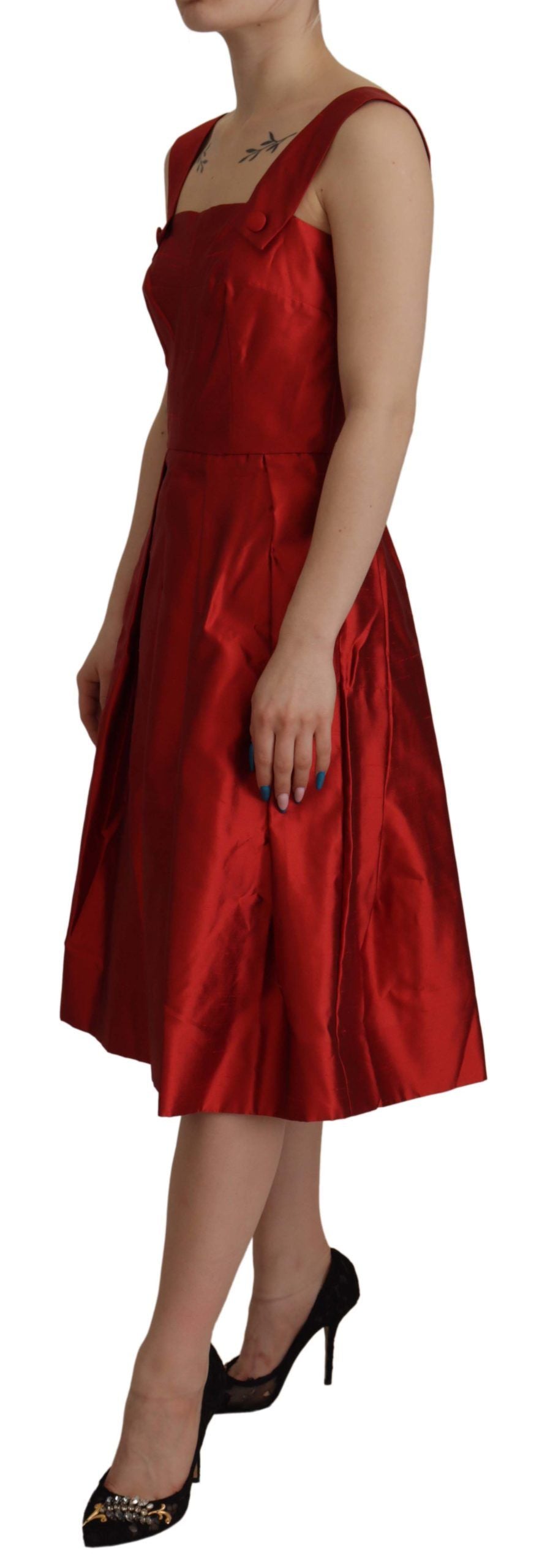 Red A-line Pleated Satin Silk Dress