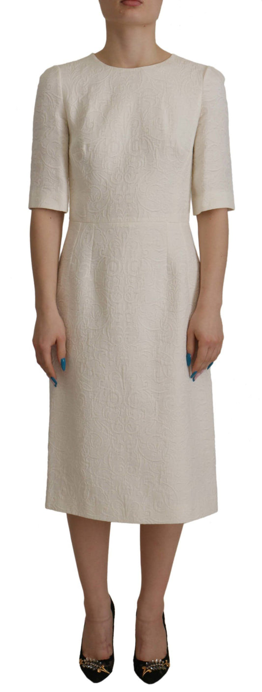 White Jaquard Midi Floral Sheath Brocade Dress