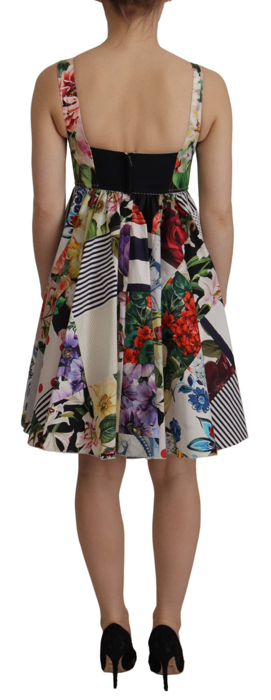 Multicolor Pachwork Poplin Floral A-Line Mini Flared Dress