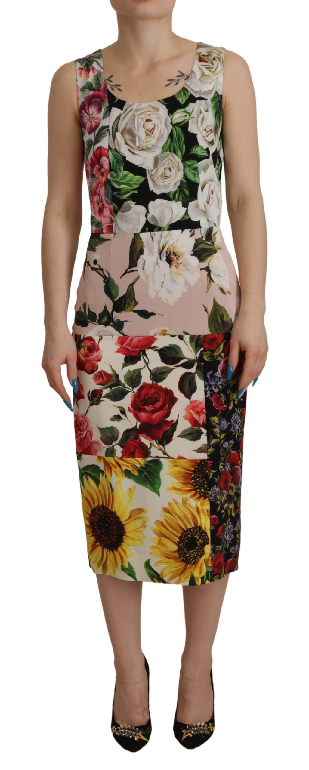 Multicolor Floral Sheath Midi Silk Dress