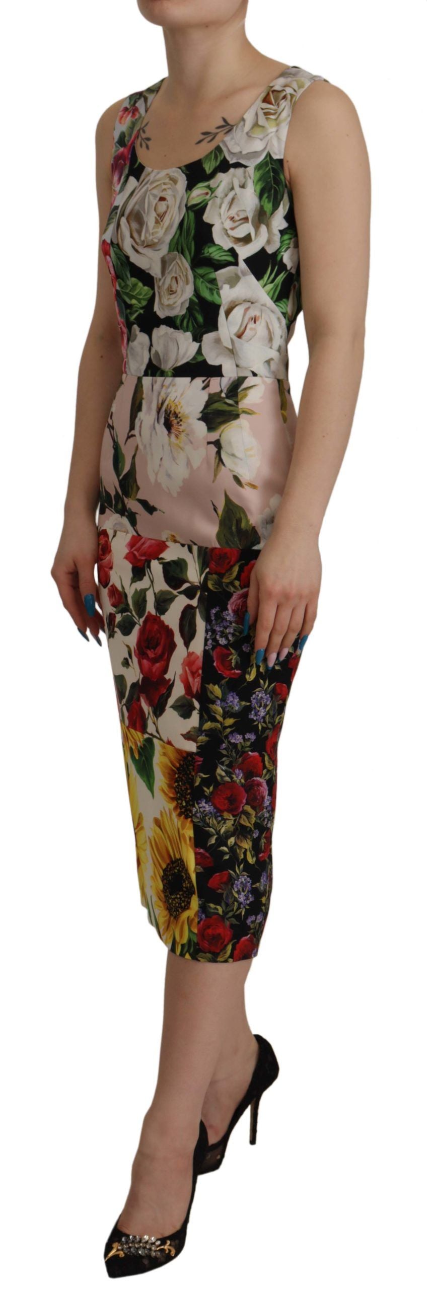 Multicolor Floral Sheath Midi Silk Dress