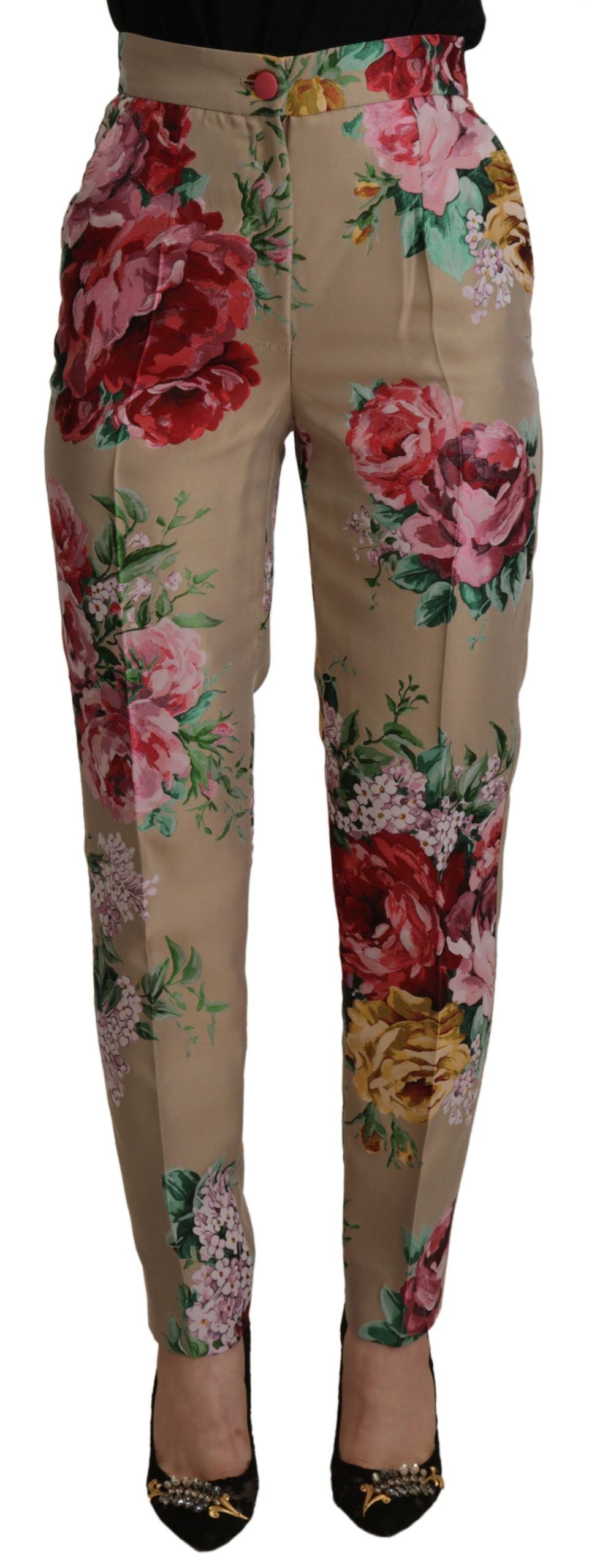 Beige Floral Dress Formal High Waist Pants