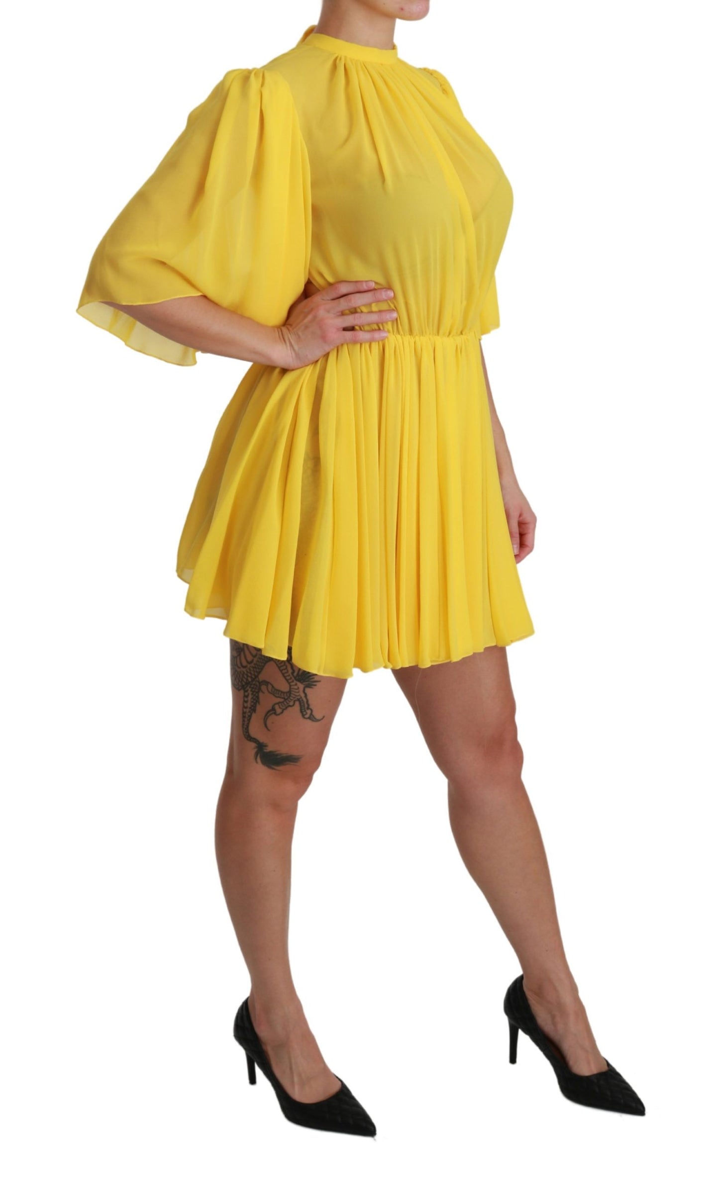 Yellow Pleated A-line Mini 100% Silk Dress