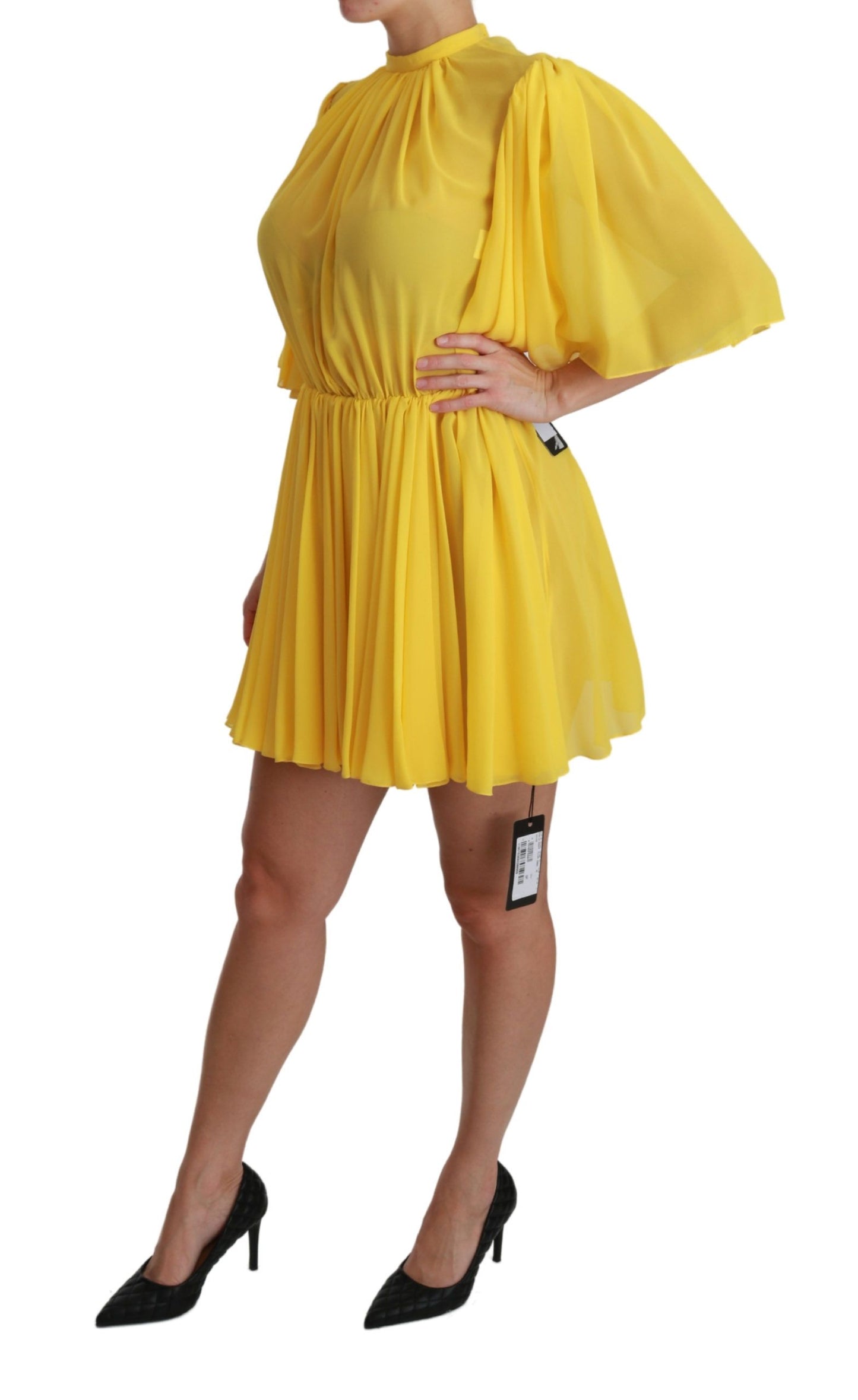 Yellow Pleated A-line Mini 100% Silk Dress