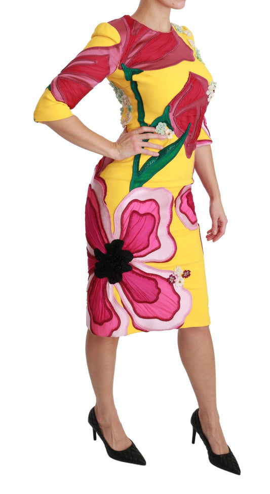 Yellow Floral Crystal Bodycon Sheath Dress