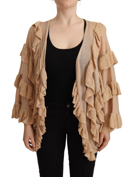 Beige Ruffle Long Sleeves Open Front Cardigan Sweater