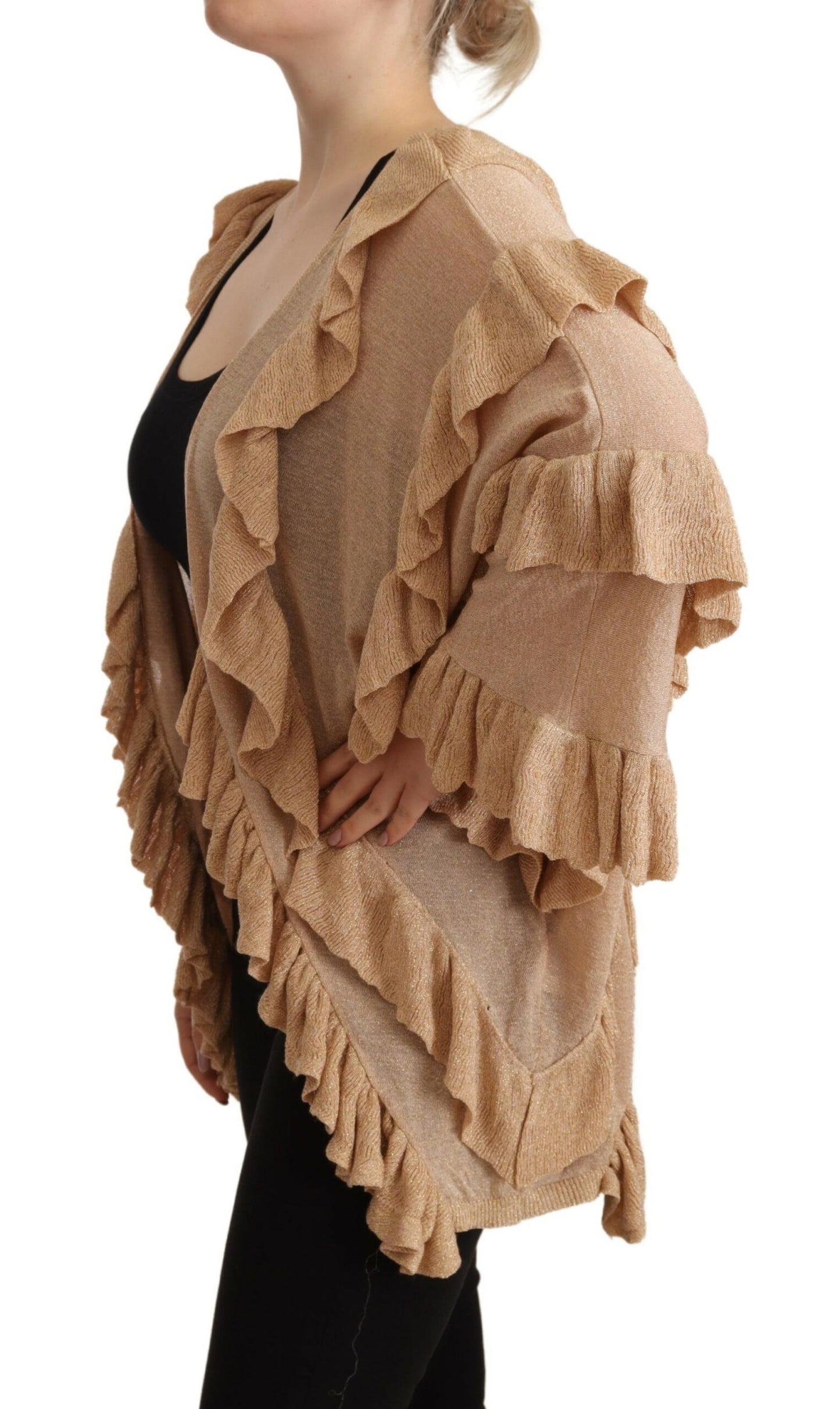 Beige Ruffle Long Sleeves Open Front Cardigan Sweater