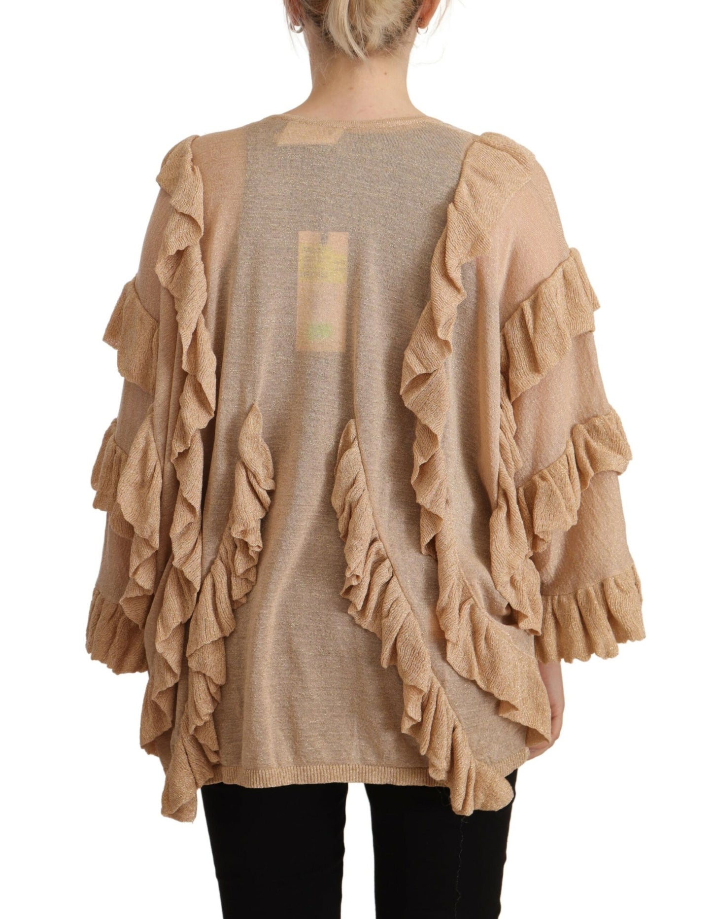 Beige Ruffle Long Sleeves Open Front Cardigan Sweater