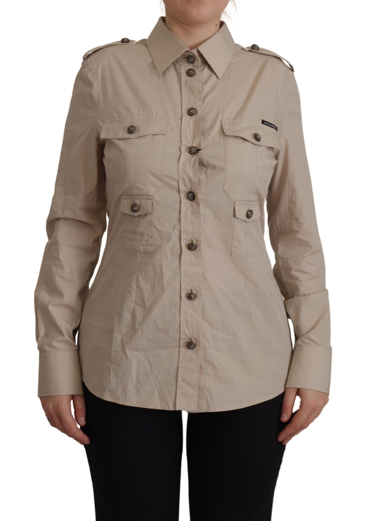 Beige Poplin Safari Fitted Pocket Collared Shirt