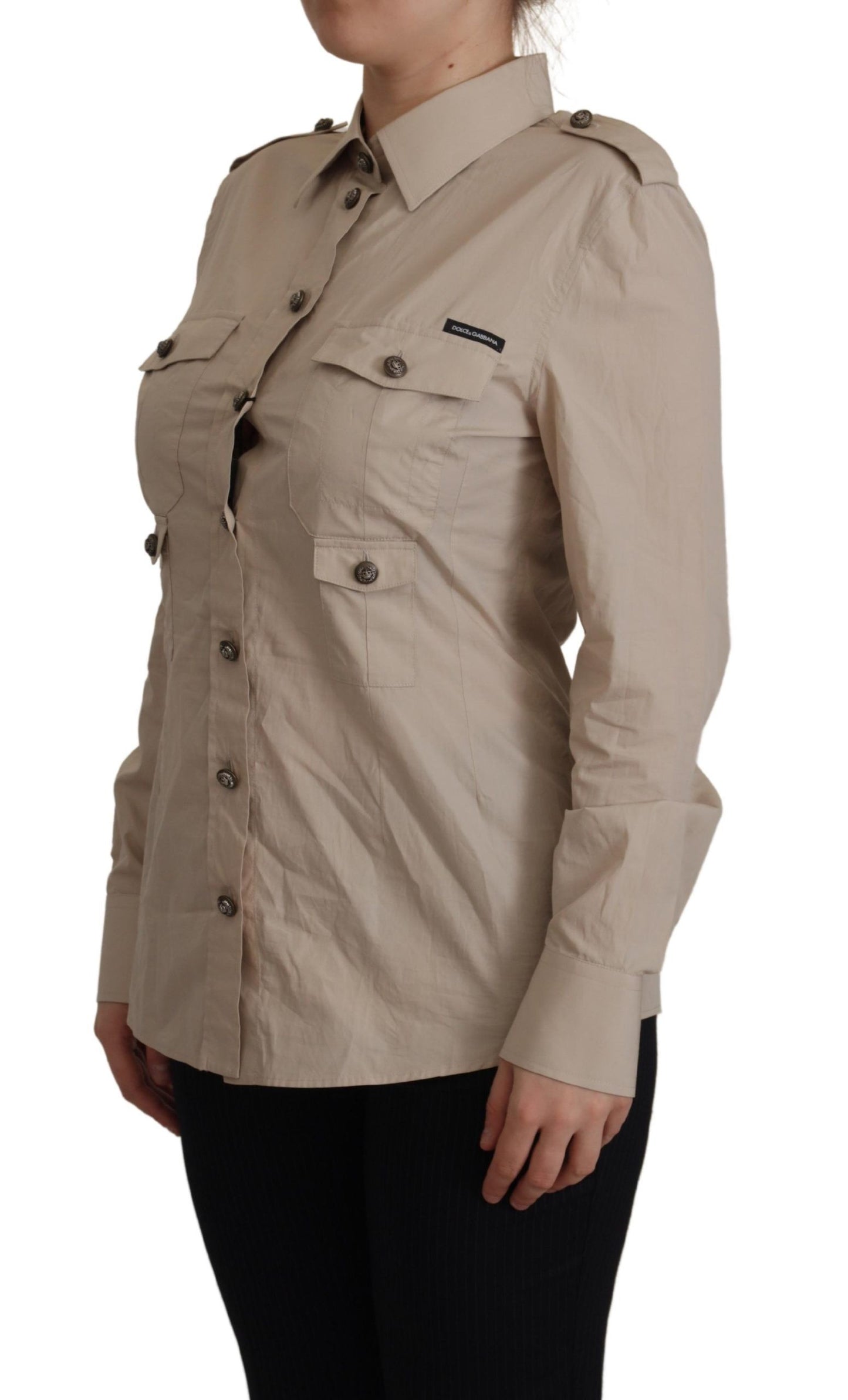 Beige Poplin Safari Fitted Pocket Collared Shirt