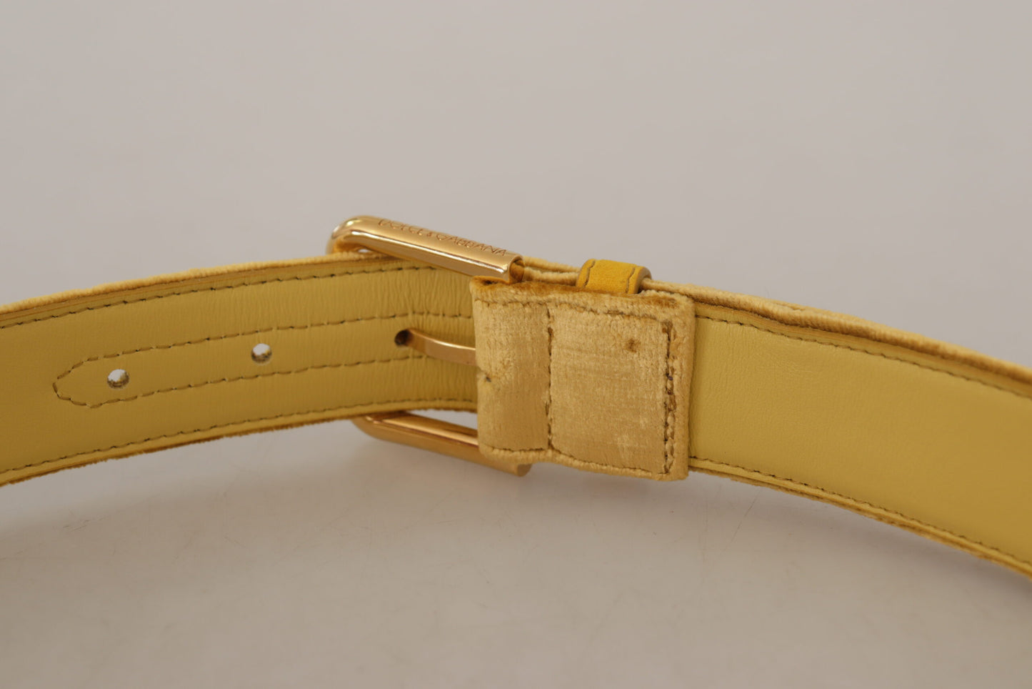 Yellow Velvet Gold Metal Logo Engraved Buckle Belt