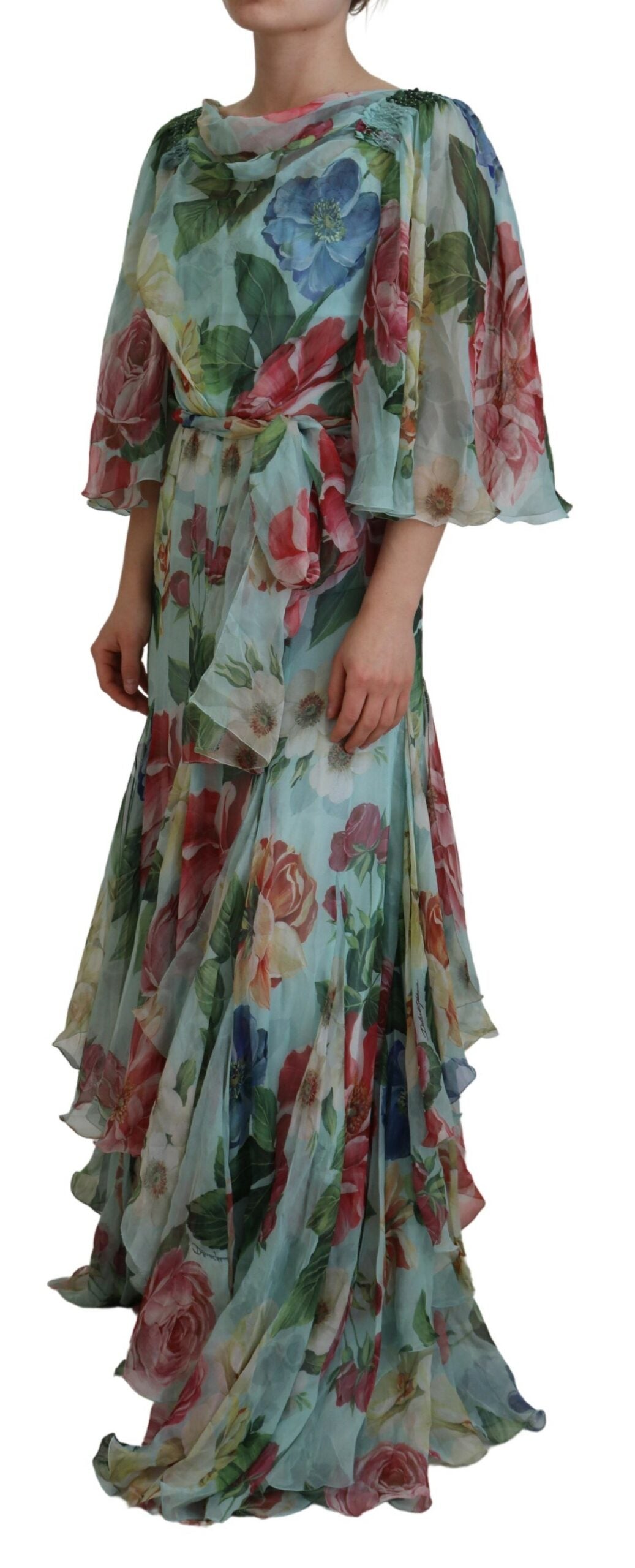 Multicolor Floral Print Silk Long Gown Dress