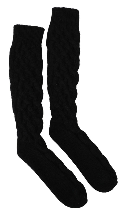Black Solid Wool Knitted Calf Long Socks