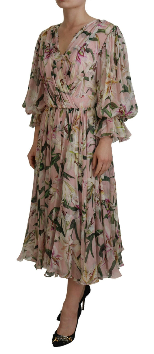 Pink Lily Print Silk A-line Pleated Maxi Dress