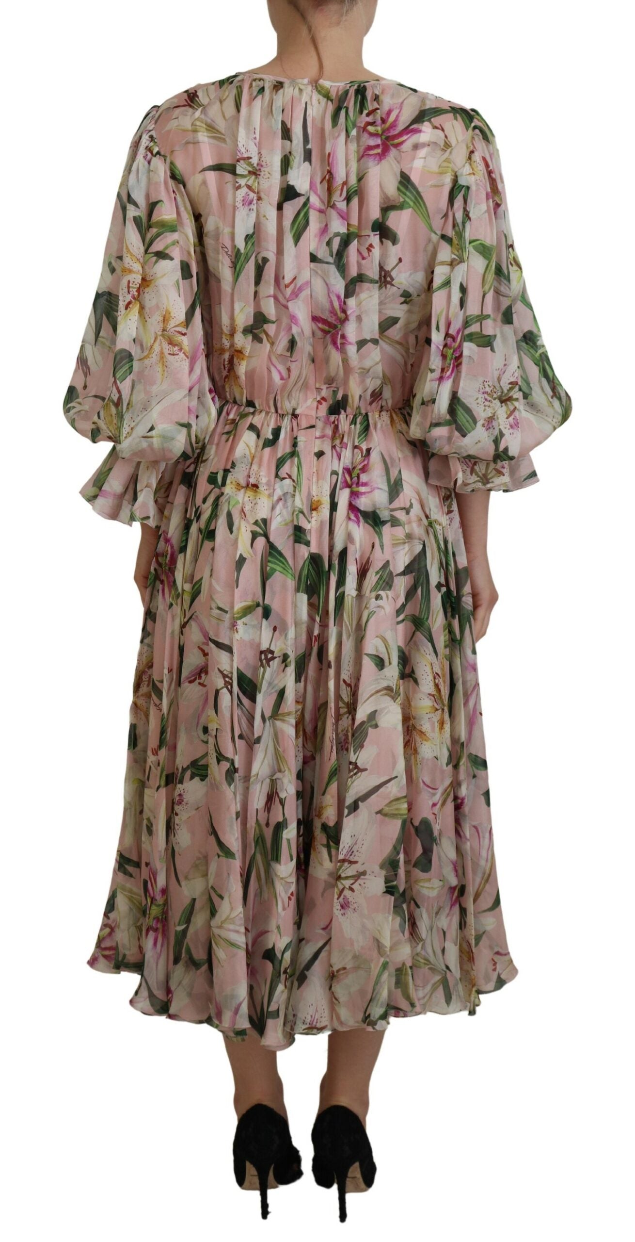 Pink Lily Print Silk A-line Pleated Maxi Dress