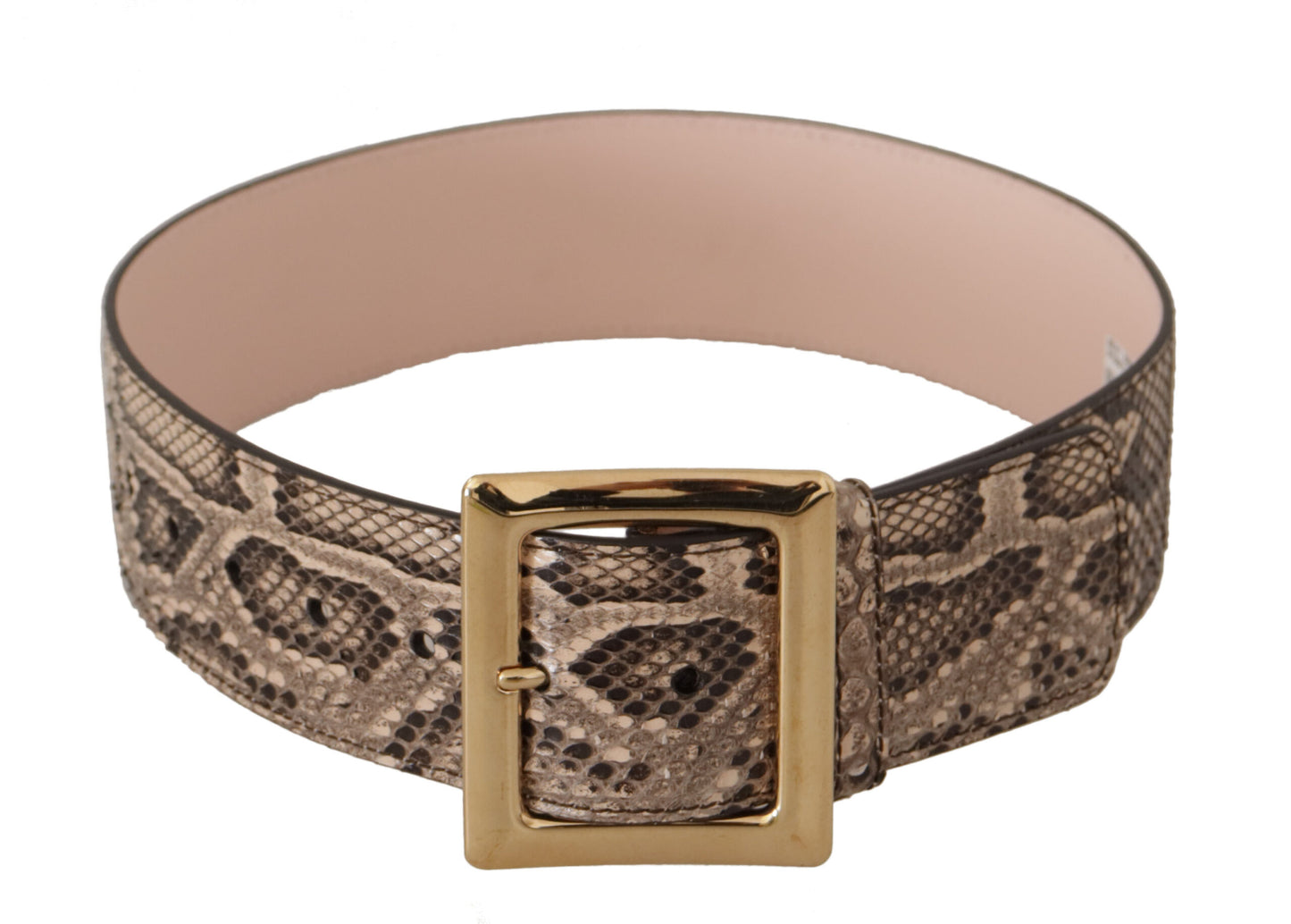 Beige Exotic Leather Wide Gold Metal Buckle Belt