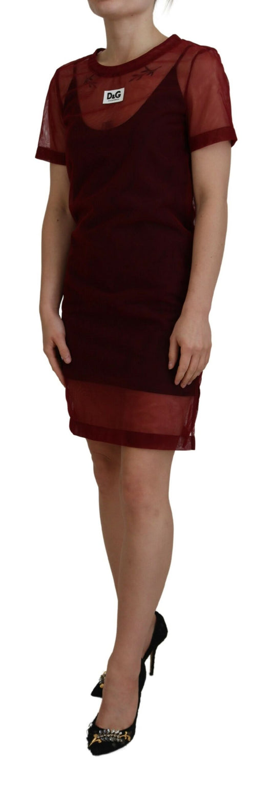 Maroon Nylon Two Layer Shift Mini Dress