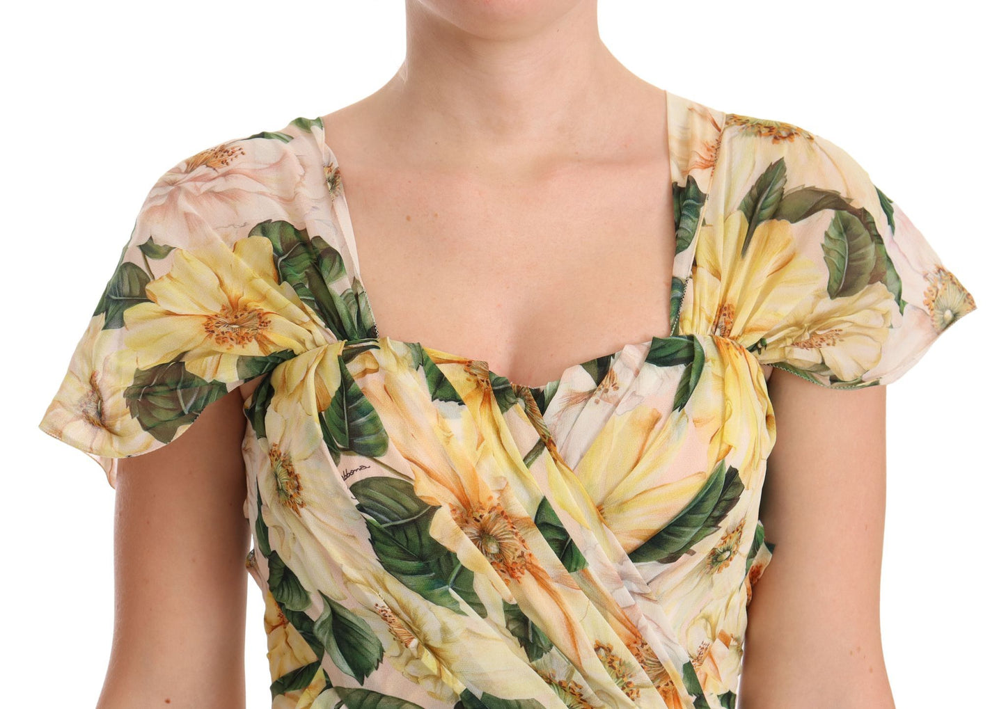 Yellow Silk Floral Print Pleated Max Dress