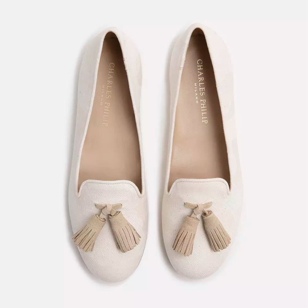 Beige Silk Flat Shoe