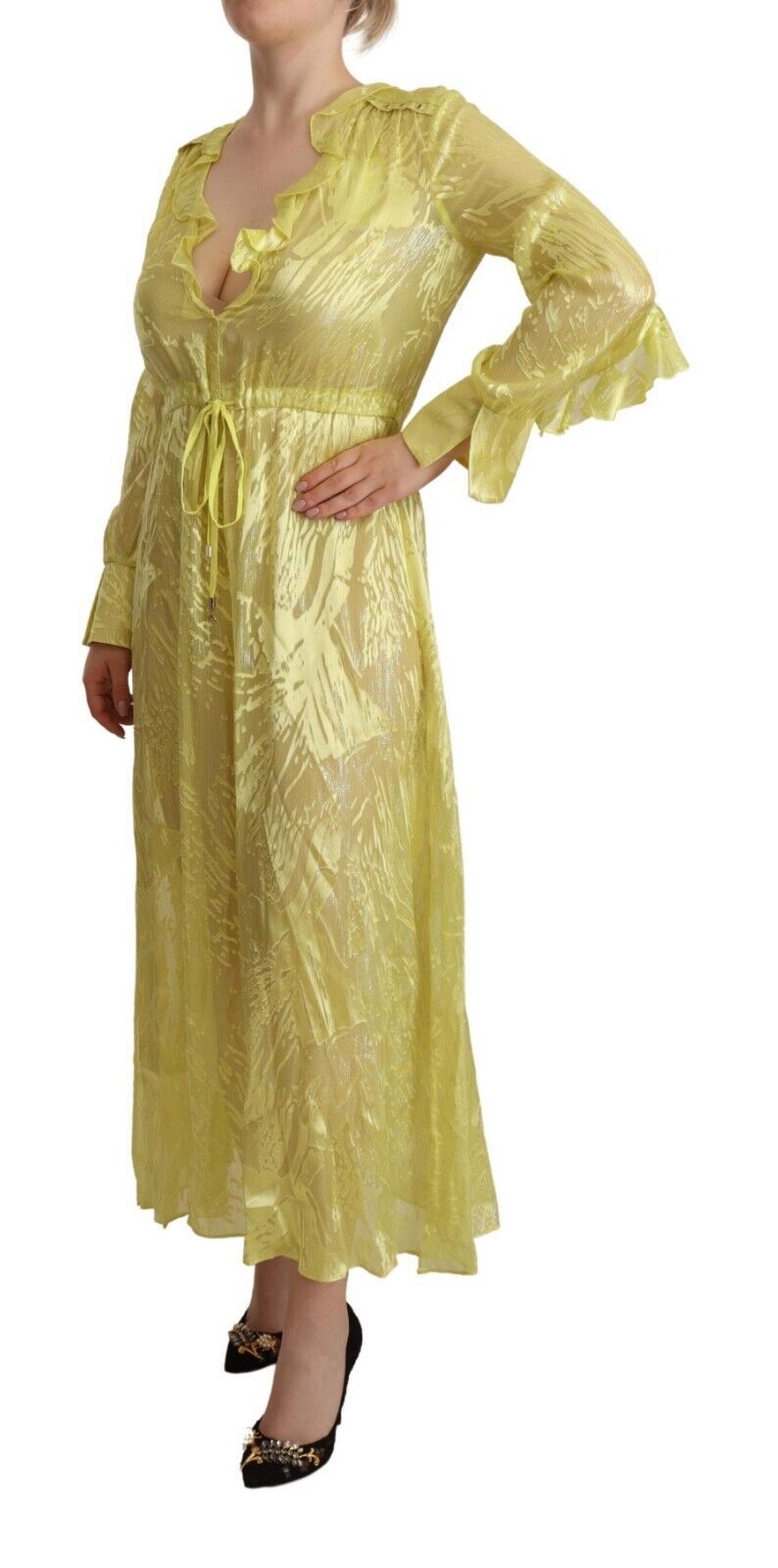 Yellow Silk Long Sleeves Plunging Maxi Dress