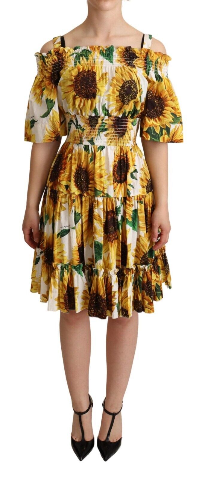 Yellow Sunflowers Print Open Shoulder Dress