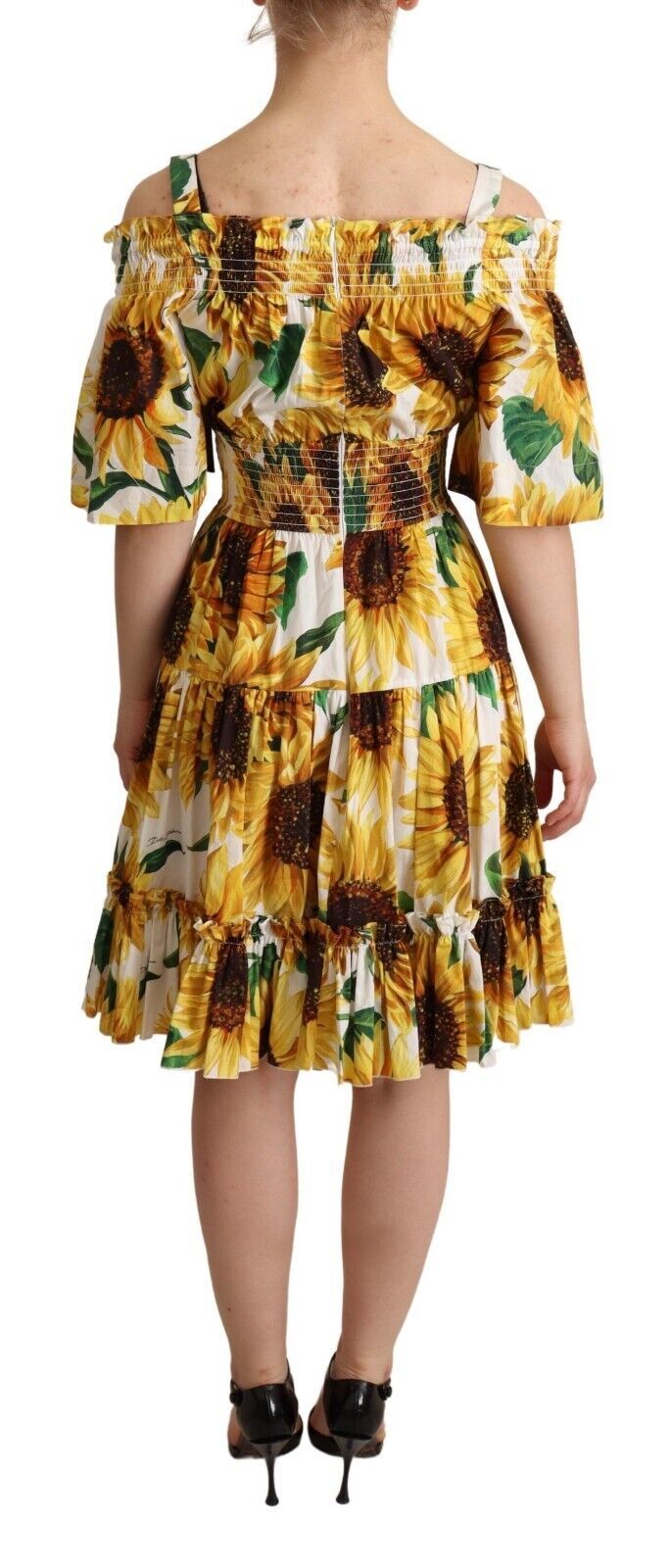 Yellow Sunflowers Print Open Shoulder Dress