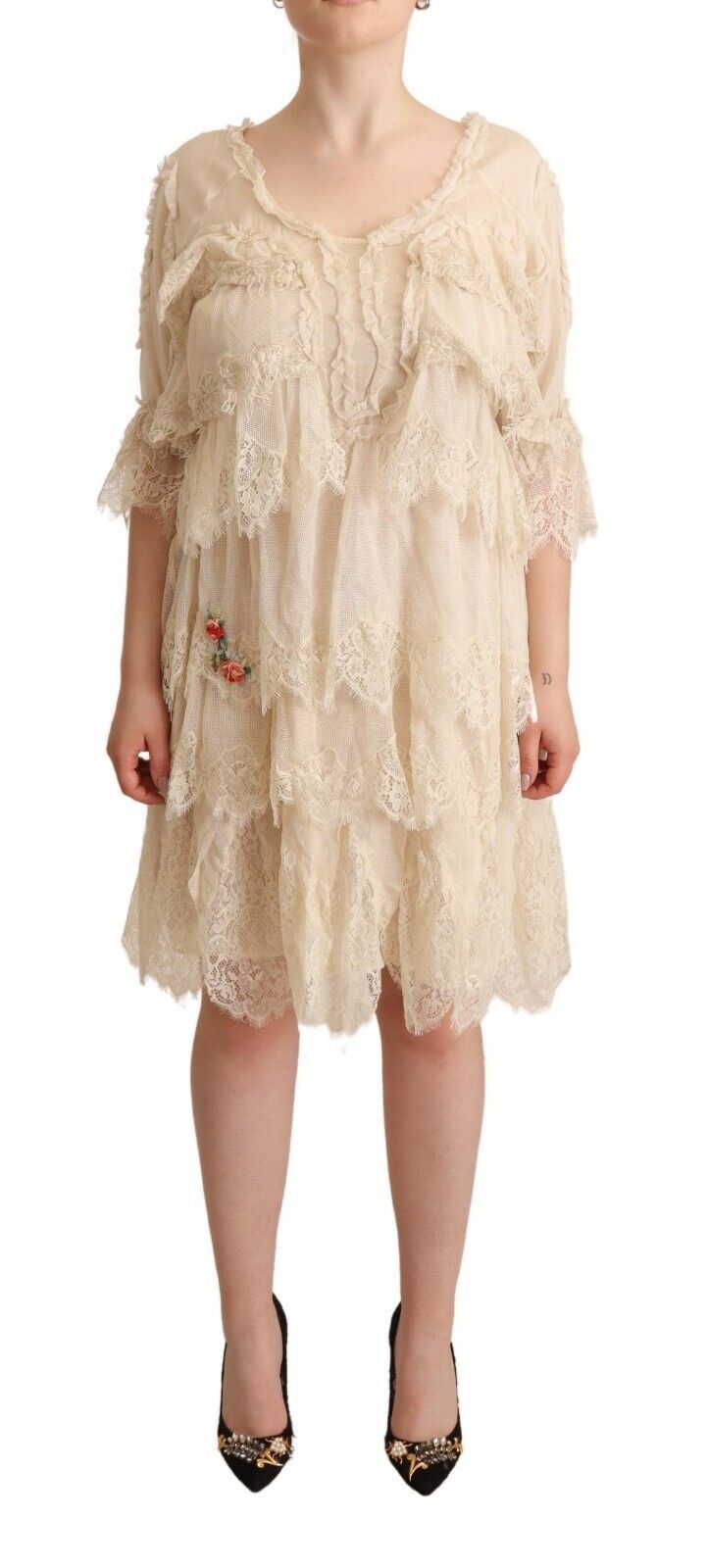 Beige 3/4 Sleeves Layered Lace Knee Length Dress