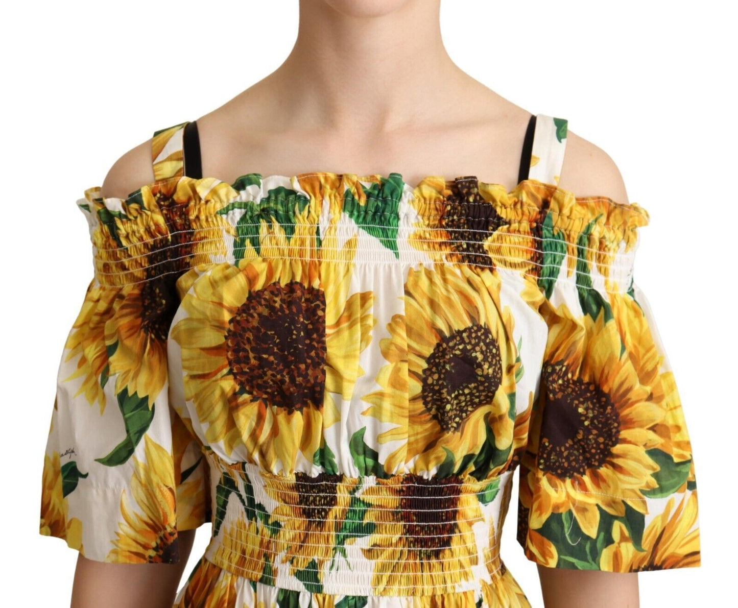 Yellow Sunflowers Print Open Shoulder Dress