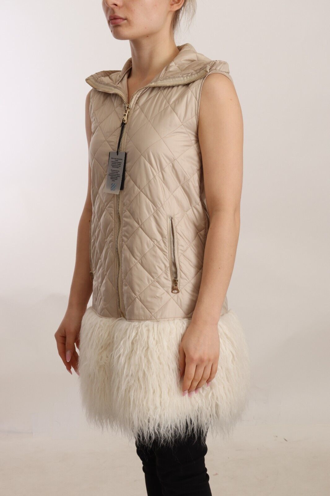 Beige Quilted Hooded Sleeveless Coat Jacket