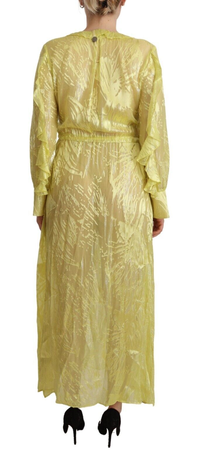 Yellow Silk Long Sleeves Plunging Maxi Dress