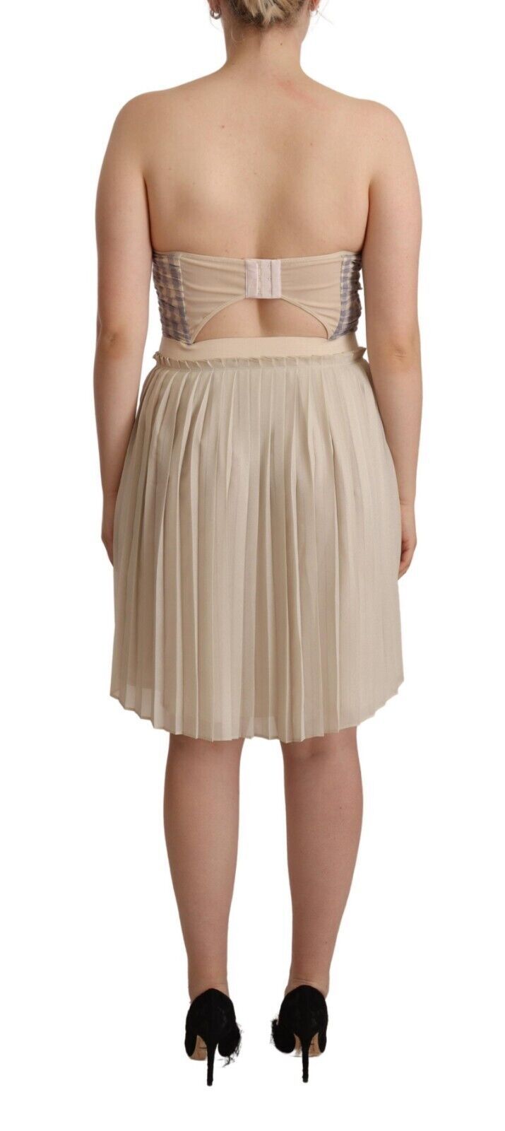 Beige Checkered Pleated A-line Strapless Bustier Dress