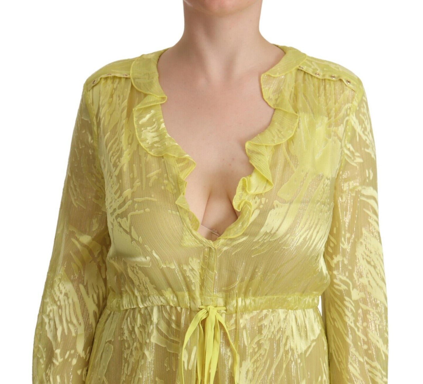 Yellow Silk Long Sleeves Plunging Maxi Dress