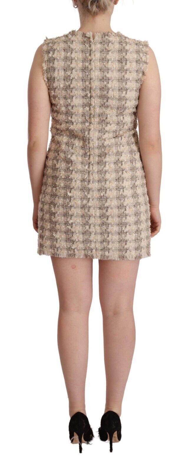 Beige Checkered Sleeveless Mini Shift Dress