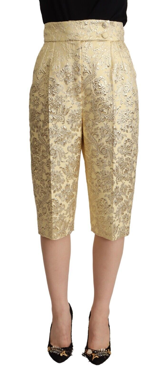 Beige Floral Brocade High Waist Trouser Cropped Pants